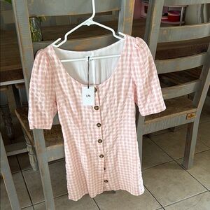 LPA Pink and White Puff Sleeve Midi Dress